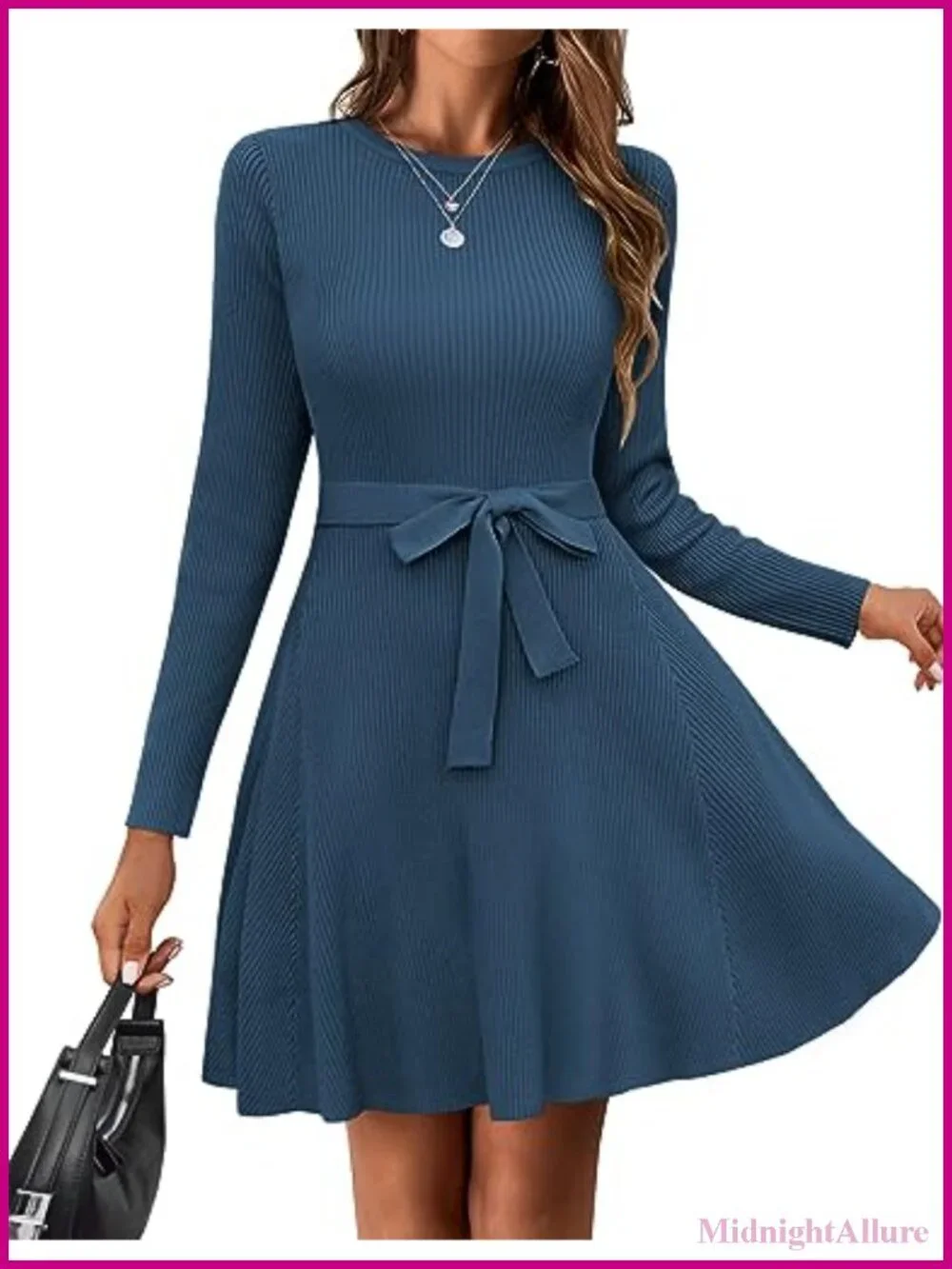 Crewneck Long Sleeve A-Line Sweater Dress with Belt Ribbed Knit